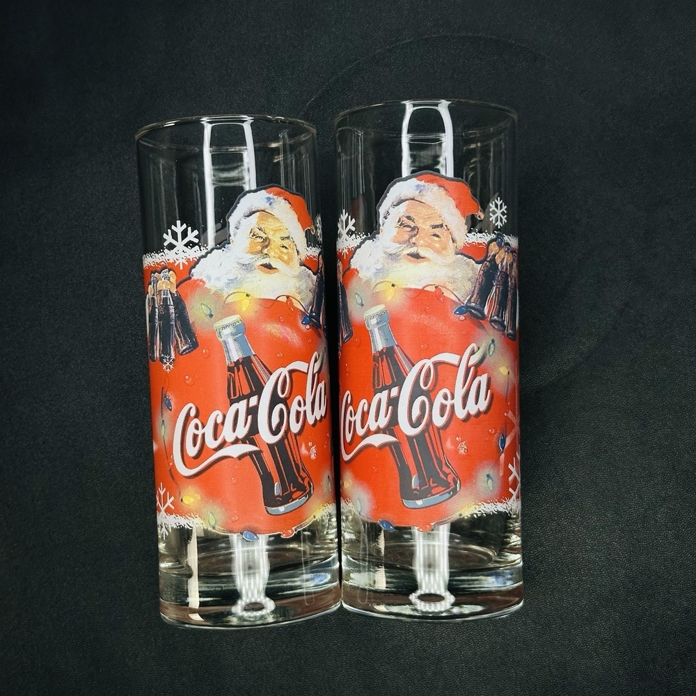 Vintage Coca Cola Classic Christmas Santa Glass‎ Tumbler Burger King Set of 2